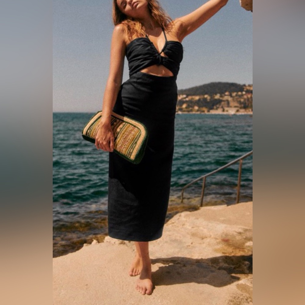 Sezane Pearl Dress Linen Black Cutout Strap Midi - Picture 4 of 10